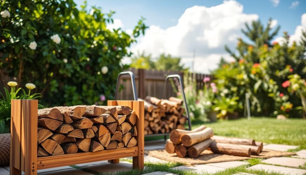A serene backyard setting featuring various outdoor firewood storage ideas. In the foreground, a beautifully crafted wooden firewood rack made of cedar, displaying neatly stacked logs, showcases organizational elements. The middle ground includes a rustic metal firewood holder with a few logs leaning against it, and some logs laid out on a colorful woven mat. In the background, lush greenery and flowering plants create a vibrant, inviting atmosphere, while a clear blue sky with soft, fluffy clouds lets in gentle sunlight. The lighting is warm and bright, highlighting the textures of the wood and the natural surroundings. The scene conveys a cozy and practical spirit of outdoor living.