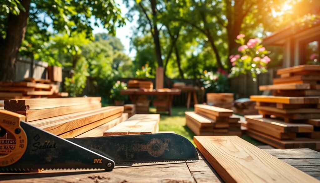 A serene backyard setting featuring various types of wood carefully arranged to highlight their durability, such as cedar, redwood, and treated pine. In the foreground, a close-up of a handsaw and wood samples with visible grain patterns and textures that emphasize quality and strength. In the middle ground, there are stacks of wood planks and a rustic workbench set against a backdrop of lush greenery and blooming flowers, symbolizing a vibrant garden environment. The scene is illuminated by bright, soft sunlight filtering through the leaves, creating a warm and inviting atmosphere. The angle is slightly elevated, providing a comprehensive view of the workspace, evoking a sense of calm and creativity perfect for DIY woodworking.