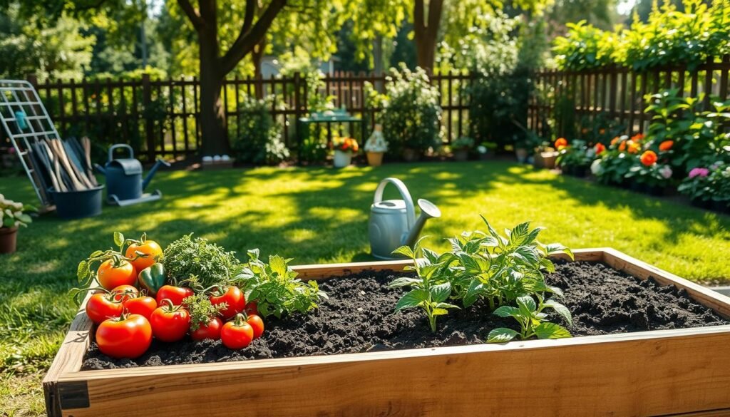 A serene backyard setting showcasing an efficient raised bed design for vegetable gardening. In the foreground, a well-constructed wooden raised bed filled with vibrant vegetables like tomatoes, peppers, and herbs, arranged thoughtfully for easy access. The middle ground features neatly organized garden tools, a watering can, and rich, dark soil ready for planting. The background displays a lush green lawn and various flowering plants, creating a vibrant garden atmosphere. The scene is illuminated by bright, natural light, with soft sunlight filtering through trees, casting gentle shadows. The composition captures a sense of tranquility and sustainability, ideal for inspiring DIY gardeners, viewed from a slightly elevated angle for depth.