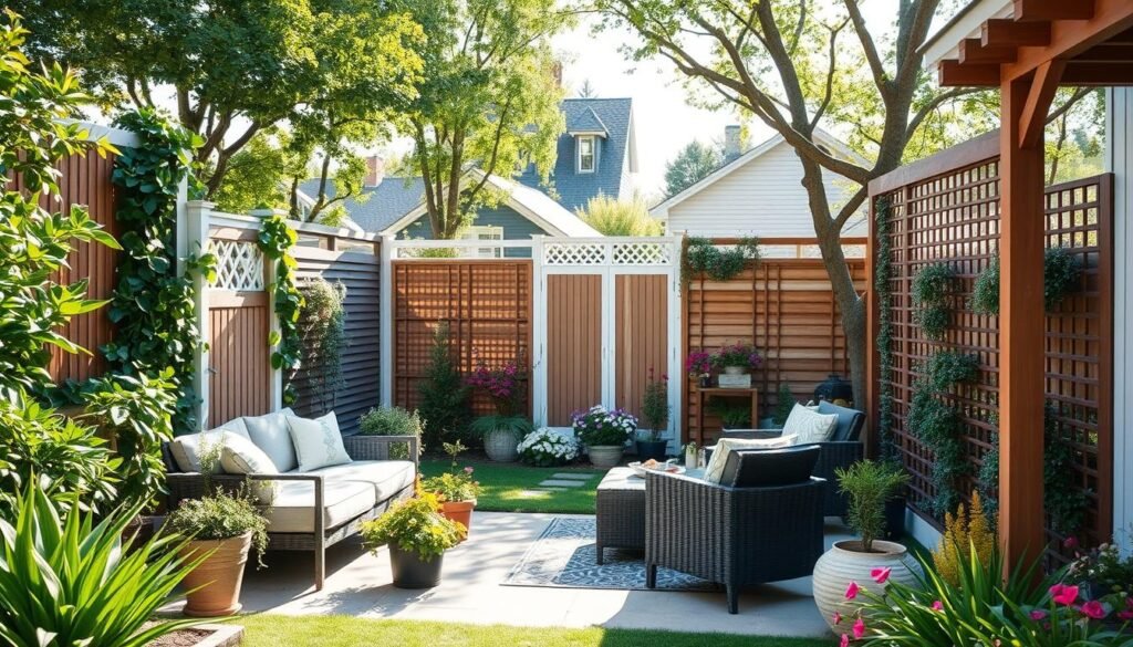 A serene backyard setting showcasing innovative privacy screen ideas, featuring a variety of designs such as lush greenery, elegant wooden slats, and decorative trellises. In the foreground, a stylish sitting area with comfortable outdoor furniture and potted plants invites relaxation. The middle ground captures diverse privacy screens creatively arranged, blending seamlessly with the landscape, while vibrant flowers add color and life. In the background, a peaceful suburban neighborhood with well-maintained homes hints at the importance of privacy. The scene is bathed in bright, natural light, with soft sunlight filtering through trees, creating a warm and inviting atmosphere. Capture this image from a slightly elevated angle to emphasize the layout and design details, ensuring a sense of harmony and tranquility in the backyard environment.