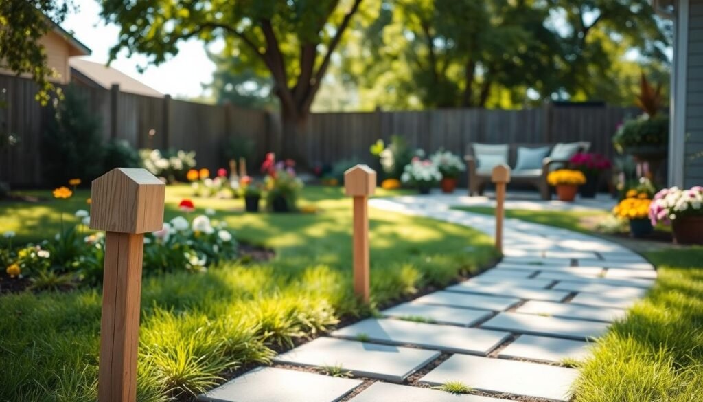 A serene backyard walkway showcasing a beautifully maintained stone path, surrounded by lush green grass and vibrant flower beds. In the foreground, charming DIY garden path marker posts, crafted from natural wood, guide the viewer along the winding walkway. The middle ground features carefully arranged potted plants and a mix of perennial flowers that add color and texture, while the pathway gently curves toward a cozy seating area. In the background, soft sunlight filters through leafy trees, casting gentle shadows that enhance the inviting atmosphere. The scene captures an airy and well-lit ambiance, evoking a sense of calm and tranquility perfect for a welcoming outdoor space. Shot from a slightly elevated angle to emphasize depth and layout.