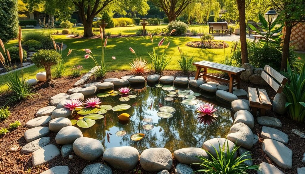 A serene compact pond nestled in a small backyard, featuring a circular design with smooth stones surrounding the water's edge. The pond is adorned with vibrant water lilies and floating plants, reflecting soft sunlight that casts gentle sparkles on the water's surface. In the foreground, a rustic wooden frame artistically outlines the pond, blending seamlessly with the lush greenery of the surrounding garden. In the middle ground, colorful ornamental grasses and small flowering plants add life and color, while a quaint wooden bench sits nearby for relaxation. The background showcases a serene garden landscape with dappled sunlight filtering through trees, creating a tranquil and inviting atmosphere. The image should convey a sense of peace and harmony, ideal for a cozy outdoor retreat, captured with a wide-angle lens to emphasize the pond’s compact beauty.