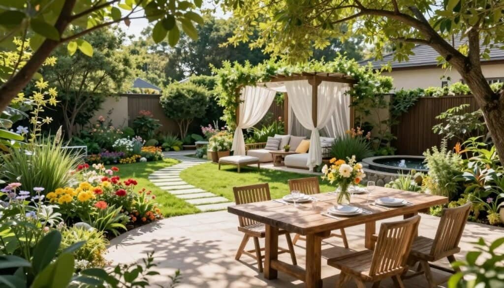 A serene dream backyard landscaping scene featuring a beautifully designed garden patio as the centerpiece. In the foreground, include a rustic wooden dining table adorned with elegant tableware and a vase of fresh flowers. Lush greenery surrounds the patio, with vibrant flower beds bursting with colors and a meandering stone pathway. The middle ground should showcase a cozy lounge area with comfortable seating, sun-drenched cushions, and a lined pergola draped in soft, flowing white fabric. In the background, tall trees provide natural shade while a small water feature gurgles peacefully, enhancing the tranquil atmosphere. Capture soft sunlight filtering through the leaves, creating dappled patterns on the patio, and use a slightly elevated angle for a comprehensive view of this inviting oasis that embodies relaxation and natural beauty.