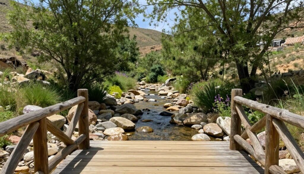 A serene dry creek bed featuring a rustic wooden bridge, crafted from weathered planks, arches gracefully over smooth river rocks. In the foreground, intricate details of the bridge’s railings showcase craftsmanship. The middle ground reveals the dry creek bed, accentuated by a variety of natural stones and lush greenery on either side, with small bursts of wildflowers adding color. The background features gentle hills under a bright blue sky, with soft, dappled sunlight filtering through leafy trees, creating an inviting atmosphere. The overall mood is peaceful and picturesque, ideal for a cozy backyard setting. The image should be well-lit, focusing on the natural beauty and tranquility of this outdoor space. The perspective is slightly elevated, capturing both the bridge and the surrounding landscape harmoniously.
