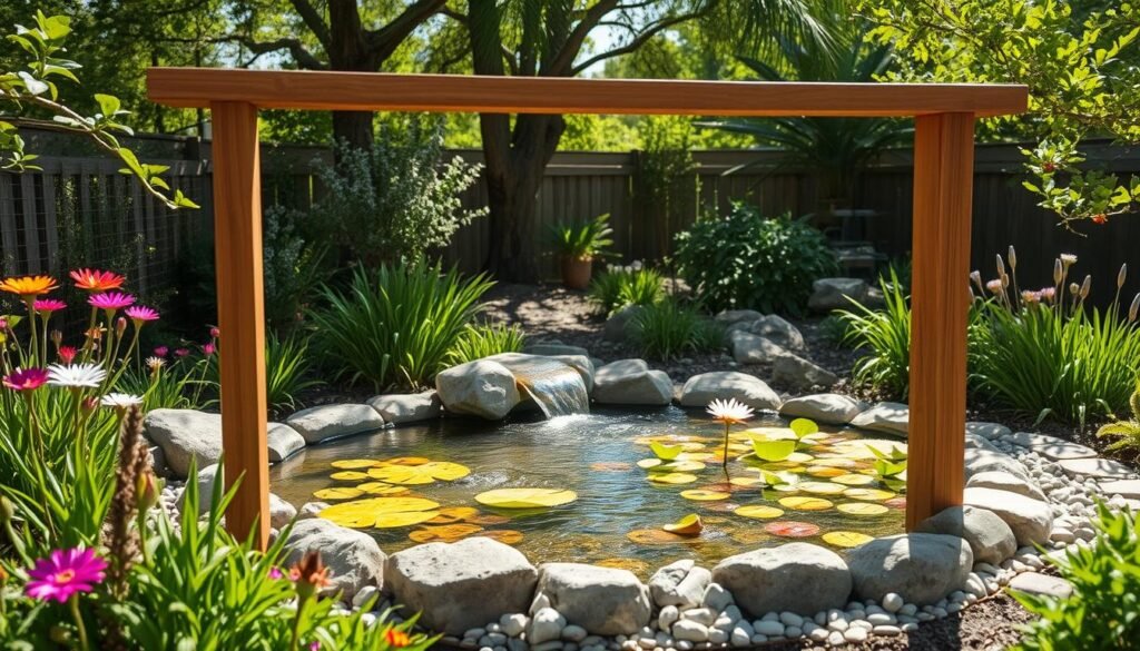 A serene, eco-friendly water feature nestled in a small backyard garden setting. In the foreground, a handcrafted wooden frame elegantly outlines the water basin, surrounded by vibrant, lush greenery and colorful native flowers. The middle ground features gently flowing water, shimmering in the soft sunlight, creating a peaceful sound. Large stones and pebbles form a natural border around the feature, while aquatic plants like water lilies float gracefully on the surface. In the background, tall trees filter the sunlight, casting dappled shadows on the garden. The overall atmosphere is tranquil and inviting, illuminated by bright, natural light that enhances the colors of the plants and water. The scene conveys harmony with nature, emphasizing sustainability and beauty in a compact space.