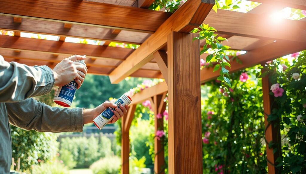 A serene garden corner featuring a beautifully maintained wooden pergola, showcasing its natural grain and rich brown hues. In the foreground, a pair of hands in modest casual attire is carefully applying a protective sealant to one of the pergola beams, emphasizing the importance of maintenance. The middle of the scene highlights the pergola's intricate structure, with climbing vines and vibrant blossoms accentuating the design. The background features a lush garden, bathed in bright natural light with soft sunlight filtering through the leaves, creating a warm and inviting atmosphere. The overall mood conveys tranquility and the joy of garden care, captured from a slightly elevated angle to provide depth to the scene.