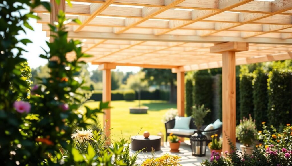 A serene garden corner showcasing a beautifully designed simple pergola beam, elegantly constructed from light-toned wood. In the foreground, rich greenery with various plants and colorful flowers creates a vibrant and welcoming scene. The middle ground features the pergola casting soft shadows on a cozy seating area beneath, surrounded by potted plants and small decorative elements like lanterns. The background includes a soft-focus view of a well-maintained lawn and trees, enhancing the sense of tranquility. Bright natural light filters through the pergola slats, creating dappled patterns on the ground. The atmosphere is calm and inviting, with a warm, sunlit ambiance that highlights the beauty of outdoor living spaces.