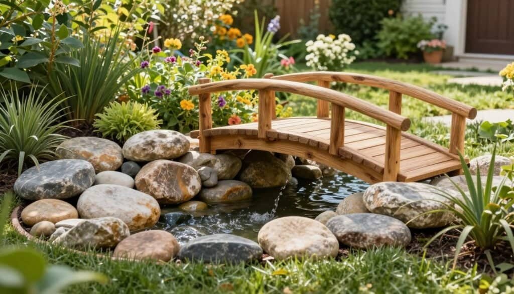 A serene garden landscape featuring a well-constructed rock bed for drainage, positioned in the foreground. The rock bed, comprising smooth, rounded stones of various sizes, is meticulously arranged to direct water flow away from surrounding plants. In the middle ground, a charming DIY garden bridge arched gracefully over the rock bed, crafted from natural wood with visible grain patterns. In the background, lush greenery and flowering plants thrive, bathed in bright natural light, creating a vibrant atmosphere. Soft sunlight filters through, illuminating the scene with warmth. Capture the image from a slightly elevated angle to emphasize the bridge’s elevation and the functionality of the rock bed below, enhancing the overall aesthetic of a landscaped backyard. The ambiance should feel peaceful and inviting, perfect for a decorative outdoor setting.