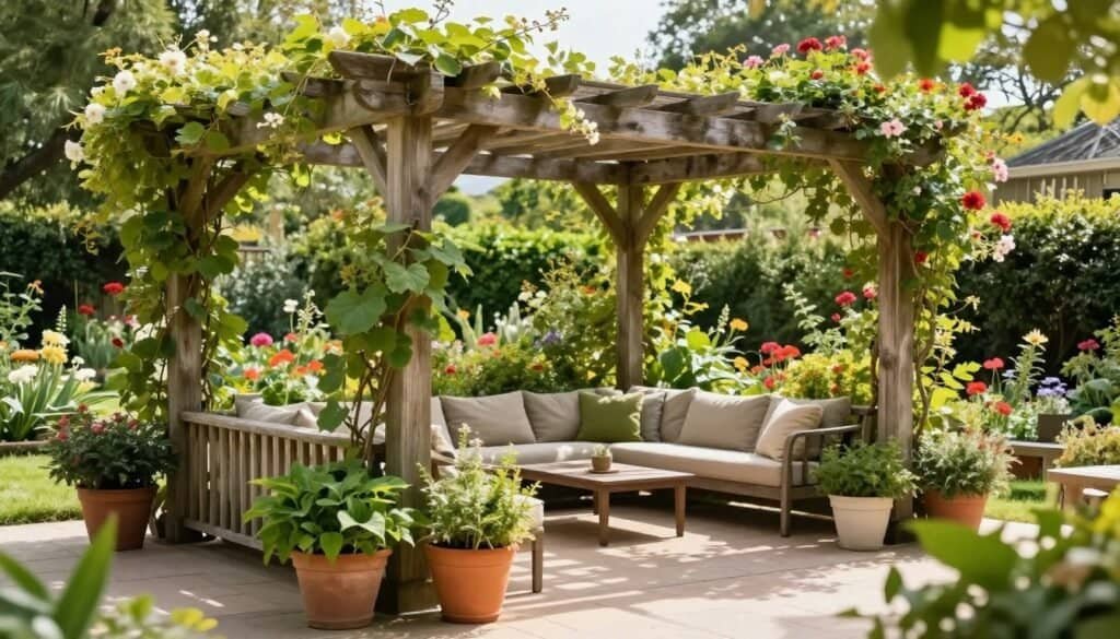 A serene garden patio featuring an elegant wooden pergola adorned with climbing plants and vibrant flowers. In the foreground, rich green potted plants surround a cozy seating area with comfortable cushions. The middle section showcases the intricate structure of the pergola, with soft sunlight filtering through the leaves, casting gentle shadows on the patio floor. In the background, a lush garden with colorful blooms adds depth to the scene. The atmosphere is tranquil and inviting, perfect for relaxation. The image is bathed in bright, natural light to emphasize the beauty of the space, captured from a slightly elevated angle to showcase both the pergola and its surroundings effectively.