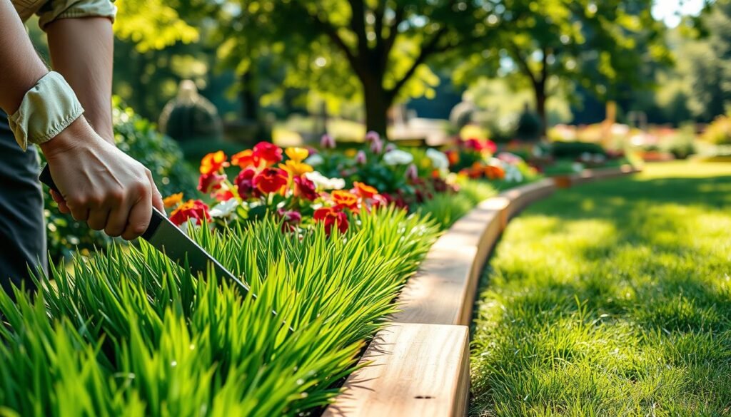 A serene garden scene depicting the maintenance of wood garden borders. In the foreground, a pair of hands in modest casual clothing carefully trims lush green grass along the edge of elegantly installed wooden borders, showcasing their natural texture and color. In the middle, vibrant flower beds are flanking the wooden borders, adding pops of color against the rich browns of the wood. In the background, a softly blurred garden landscape filled with greenery and sunlight filters through leaves, creating a warm, inviting atmosphere. The lighting is bright and natural, with soft sunlight casting gentle shadows, producing a tranquil, serene mood that reflects the dedication to garden care and the long-term commitment required for maintenance.