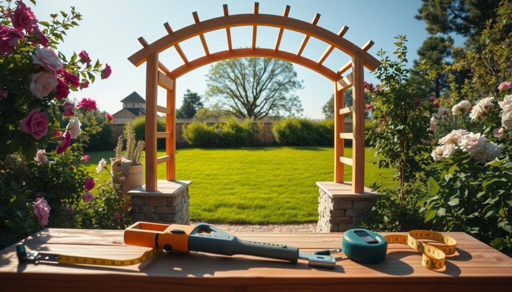 A serene garden scene featuring a half-constructed wooden archway, surrounded by blooming flowers and green foliage. In the foreground, tools like a saw and measuring tape lie on a wooden workbench, emphasizing the DIY aspect. The middle ground showcases the intricately detailed archway, crafted from treated cedar, with clear-cut stone bases and a trellis design ready for climbing plants. In the background, a lush lawn stretches toward a blue sky, with soft sunlight illuminating the scene, casting gentle shadows. The overall mood is peaceful and inviting, perfect for contemplating garden design. The image should have a clear depth of field, capturing the fine textures of wood and plants, and an inviting atmosphere that encourages creativity and planning. A serene garden scene featuring a half-constructed wooden archway, surrounded by blooming flowers and green foliage. In the foreground, tools like a saw and measuring tape lie on a wooden workbench, emphasizing the DIY aspect. The middle ground showcases the intricately detailed archway, crafted from treated cedar, with clear-cut stone bases and a trellis design ready for climbing plants. In the background, a lush lawn stretches toward a blue sky, with soft sunlight illuminating the scene, casting gentle shadows. The overall mood is peaceful and inviting, perfect for contemplating garden design. The image should have a clear depth of field, capturing the fine textures of wood and plants, and an inviting atmosphere that encourages creativity and planning.