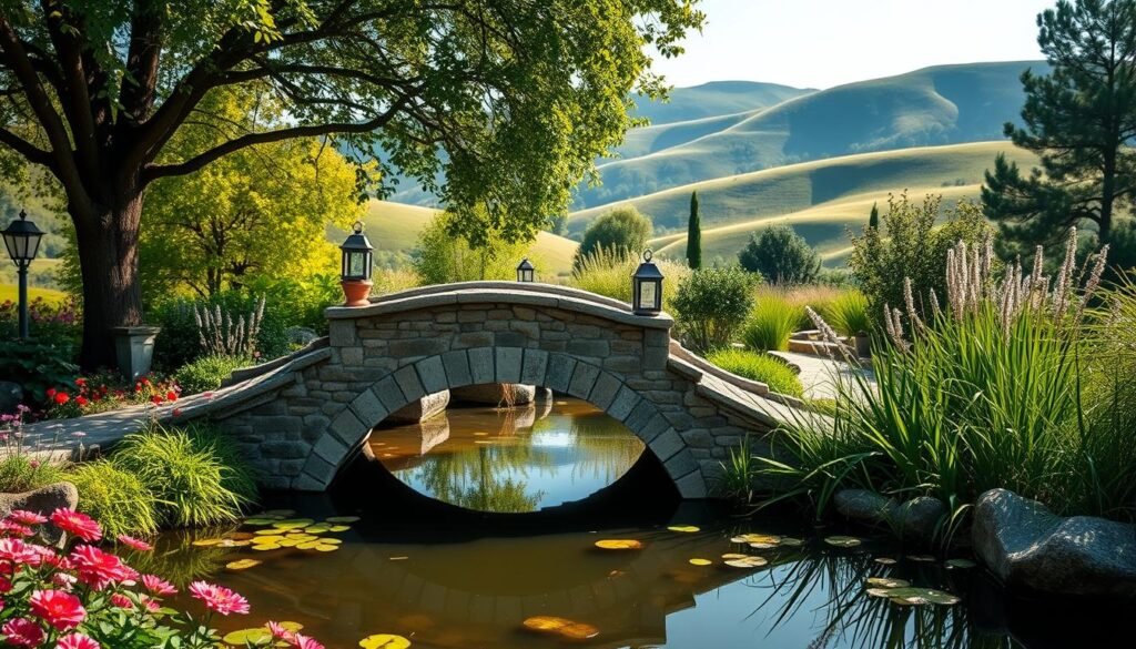 A serene garden scene featuring a tranquil pond at the center, surrounded by lush greenery and vibrant flowers. In the foreground, a charming stone bridge arches gracefully over the pond, its textured surface blending harmoniously with the natural landscape. Delicate accessories like lanterns and small potted plants adorn the bridge, enhancing its decorative appeal. Soft, dappled sunlight filters through the leaves of nearby trees, creating a visually warm and inviting atmosphere. In the background, rolling hills can be seen, adding depth to the serene landscape. The composition should reflect a peaceful, idyllic setting, inviting viewers to envision their own garden oasis bathed in natural light.
