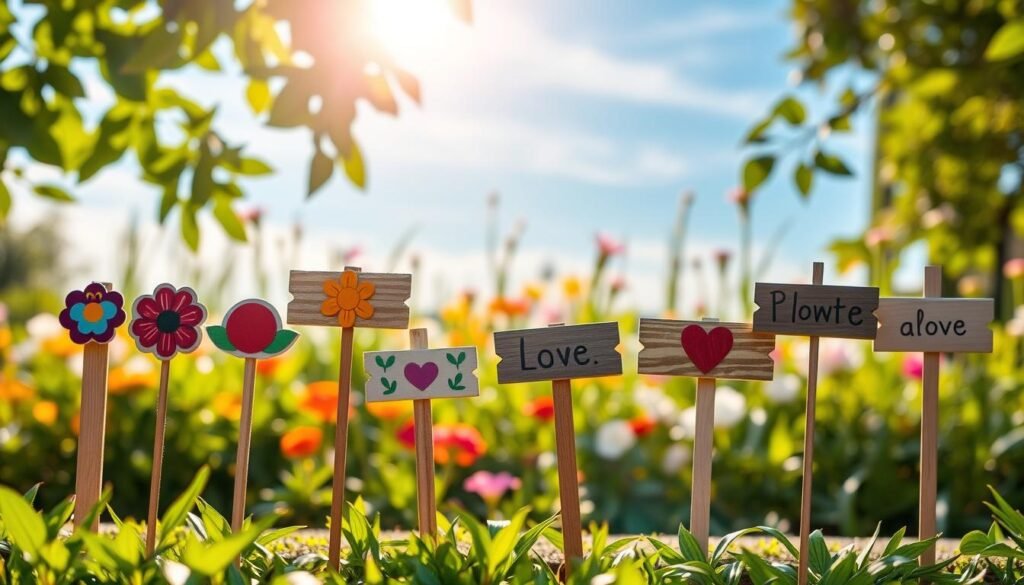 A serene garden scene featuring a variety of decorative garden stakes designed as mini sign posts. In the foreground, showcase an assortment of handcrafted wooden stakes, adorned with vibrant floral motifs and playful designs, each one uniquely styled and positioned at different heights. In the middle ground, lush greenery and colorful blooms create a vibrant garden backdrop, illuminated by soft, warm sunlight filtering through the leaves above. The background showcases a tranquil blue sky with wispy clouds, enhancing the peaceful atmosphere. The focus is sharp on the stakes, while a slight depth of field blurs the more distant flowers for a dreamy effect. Capture the scene with a gentle, inviting mood, emphasizing the beauty of outdoor creativity and DIY charm in garden décor.