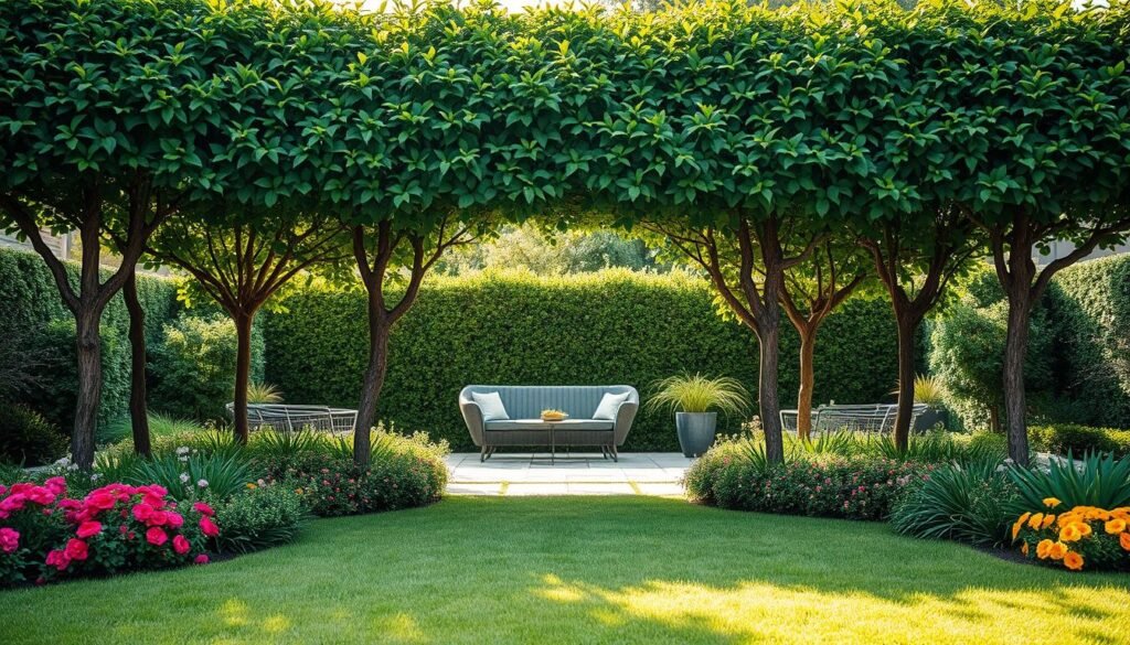 A serene garden scene featuring an elegant row of pleached trees, forming a natural living wall that provides privacy for a cozy seating area. In the foreground, lush green grass and well-tended flower beds in vibrant colors add life and texture. The middle layer showcases carefully structured pleached trees with dense, leafy canopies creating an inviting green archway, their trunks neatly aligned for a sophisticated look. In the background, soft sunlight filters through the leaves, casting gentle shadows on the ground, enhancing the tranquil atmosphere. The overall mood is peaceful and refreshing, with bright natural light illuminating the scene, ideal for a backyard oasis. The image captures a perfect blend of nature and garden design. A serene garden scene featuring an elegant row of pleached trees, forming a natural living wall that provides privacy for a cozy seating area. In the foreground, lush green grass and well-tended flower beds in vibrant colors add life and texture. The middle layer showcases carefully structured pleached trees with dense, leafy canopies creating an inviting green archway, their trunks neatly aligned for a sophisticated look. In the background, soft sunlight filters through the leaves, casting gentle shadows on the ground, enhancing the tranquil atmosphere. The overall mood is peaceful and refreshing, with bright natural light illuminating the scene, ideal for a backyard oasis. The image captures a perfect blend of nature and garden design.