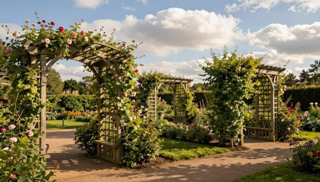 A serene garden scene featuring elegant wooden arbors and trellises, intricately designed to support climbing plants such as roses and ivy. In the foreground, a beautifully crafted arbor with a curved top, adorned with vibrant flowers, leads to a pathway. The middle ground showcases various trellises supporting lush green vines, casting gentle shadows on the ground. In the background, a bright blue sky with soft, fluffy clouds filters warm, natural light across the entire scene, creating a calm and inviting atmosphere. The composition should be captured from a slightly elevated angle to highlight the structures and the surrounding greenery, emphasizing a sense of depth and tranquility in this peaceful garden setting.