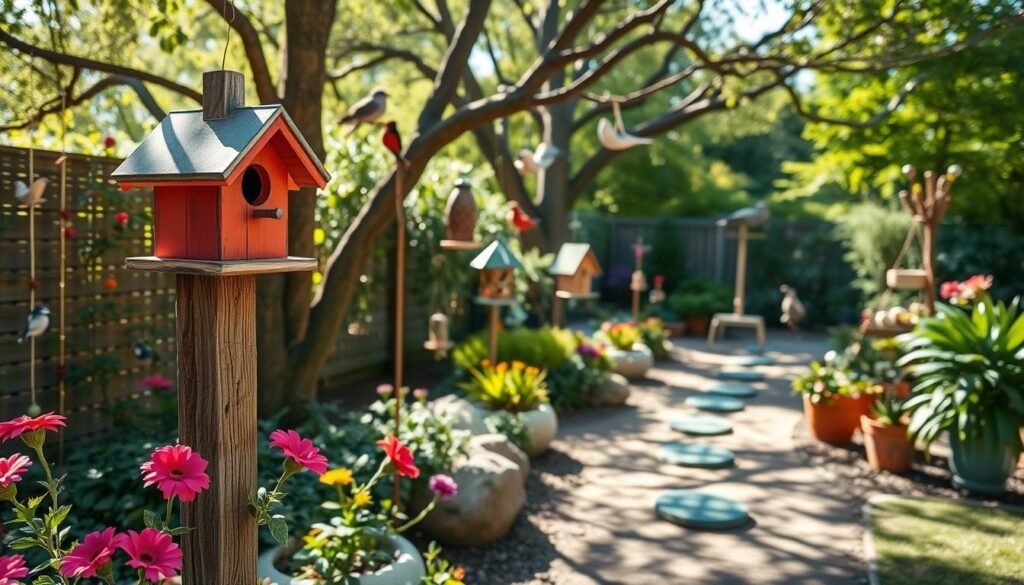 A serene garden scene filled with charming bird lover decorations. In the foreground, a beautifully painted wooden birdhouse perched on a sturdy post, vibrant flowers blooming nearby. The middle features a variety of bird feeders, hanging from tree branches, surrounded by lush greenery and decorative stones that create a natural pathway. In the background, soft sunlight filters through the trees, casting gentle shadows and highlighting the variety of potted plants. The atmosphere is tranquil and inviting, perfect for attracting feathered friends, with bright natural light enhancing the colors of the decorations. The image captures a well-balanced composition to inspire DIY enthusiasts in creating their perfect bird-friendly garden oasis.