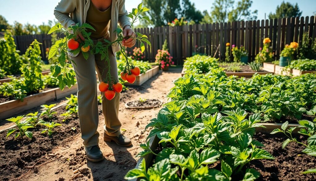A serene garden scene focusing on a well-maintained raised bed for vegetable gardening. In the foreground, a person in modest casual clothing is tending to the lush green plants, carefully pruning and inspecting ripe tomatoes and peppers. The middle ground showcases multiple raised beds filled with a variety of vegetables, organized neatly with rich, dark soil and vibrant green foliage. In the background, there's a wooden fence and a few flowering plants, under a bright blue sky. Soft sunlight filters through, creating warm highlights on the plants, while creating an inviting and productive atmosphere. The image captures the essence of year-round garden care, emphasizing a thriving garden environment.
