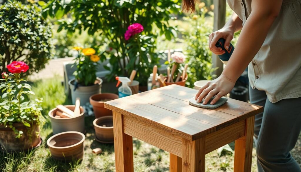 A serene garden scene showcasing a wooden side table undergoing maintenance. In the foreground, a person in modest casual clothing is carefully sanding the surface of the table, with tools like a sandpaper and a small brush nearby. The table features a rich, natural wood grain, and there are visible patches of fresh varnish on its surface. In the middle ground, potted plants with vibrant flowers add color and life, while various garden tools and cleaning supplies are neatly organized. The background reveals a lush, green garden with sunlight filtering through leaves, casting soft shadows. Capture the scene with bright, natural light to emphasize the fresh, airy atmosphere, shot from a slightly angled perspective to highlight both the table and the surrounding nature. A serene garden scene showcasing a wooden side table undergoing maintenance. In the foreground, a person in modest casual clothing is carefully sanding the surface of the table, with tools like a sandpaper and a small brush nearby. The table features a rich, natural wood grain, and there are visible patches of fresh varnish on its surface. In the middle ground, potted plants with vibrant flowers add color and life, while various garden tools and cleaning supplies are neatly organized. The background reveals a lush, green garden with sunlight filtering through leaves, casting soft shadows. Capture the scene with bright, natural light to emphasize the fresh, airy atmosphere, shot from a slightly angled perspective to highlight both the table and the surrounding nature.