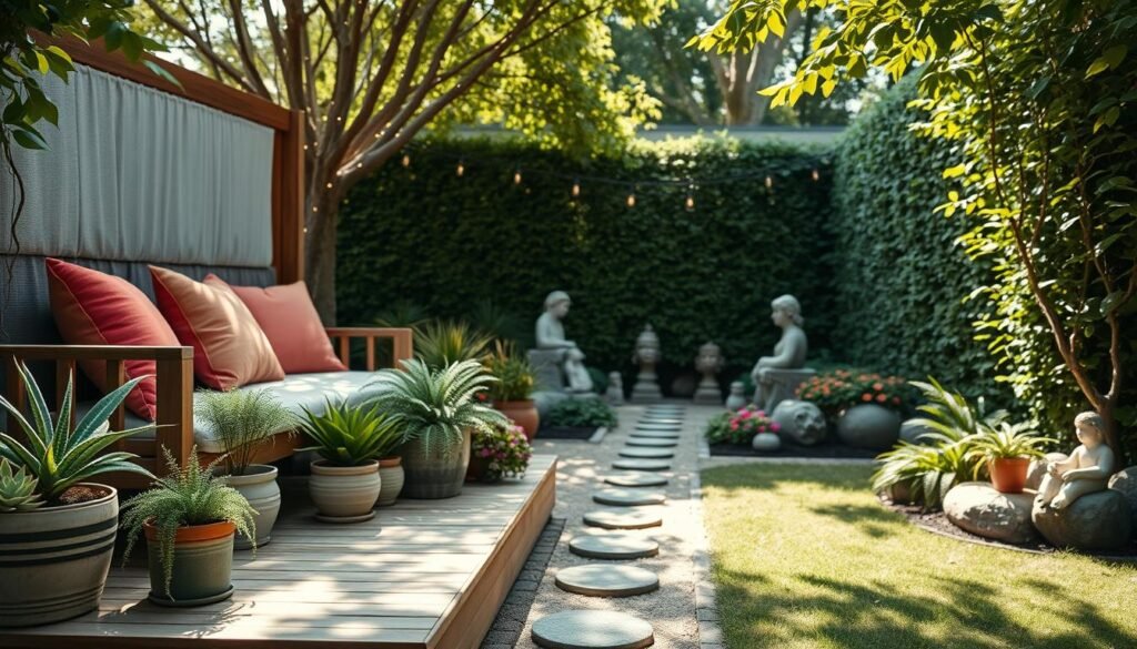 A serene garden scene showcasing aesthetic decor designed for relaxation. In the foreground, a beautifully crafted wooden seating platform adorned with plush cushions and vibrant throw pillows invites tranquility. Lovely potted plants flank the seating area, including ferns, succulents, and colorful flowers. The middle ground features a charming path lined with decorative stones, leading to unique garden sculptures and whimsical fairy lights strung between trees, enhancing the magical atmosphere. In the background, a lush green hedge provides privacy, while soft sunlight filters through leaves, creating dappled shadows on the ground. The overall mood is inviting and peaceful, perfect for a cozy retreat, captured with a soft focus lens to emphasize the warm, airy ambiance of this garden oasis. A serene garden scene showcasing aesthetic decor designed for relaxation. In the foreground, a beautifully crafted wooden seating platform adorned with plush cushions and vibrant throw pillows invites tranquility. Lovely potted plants flank the seating area, including ferns, succulents, and colorful flowers. The middle ground features a charming path lined with decorative stones, leading to unique garden sculptures and whimsical fairy lights strung between trees, enhancing the magical atmosphere. In the background, a lush green hedge provides privacy, while soft sunlight filters through leaves, creating dappled shadows on the ground. The overall mood is inviting and peaceful, perfect for a cozy retreat, captured with a soft focus lens to emphasize the warm, airy ambiance of this garden oasis.