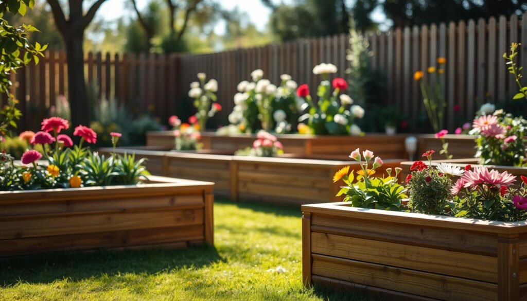 A serene garden scene showcasing different levels of garden sleeper beds at the corners, artistically arranged with lush greenery and vibrant flowers. In the foreground, well-maintained wooden sleeper beds are visibly tiered, creating depth and inviting viewers into the garden layout. The middle ground features blooming plants in various colors, with sunlight gently illuminating their petals. The background includes a soft-focus view of a wooden fence, enhancing the overall garden aesthetic. The lighting is bright and natural, with soft sunlight filtering through the trees, casting delicate shadows on the ground. The atmosphere is tranquil and harmonious, ideal for showcasing landscaping ideas and challenges in garden design.
