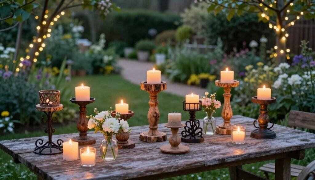 A serene garden setting at twilight, showcasing various outdoor candle holders made of rustic wood and wrought iron, elegantly arranged on a weathered wooden table. In the foreground, a cluster of lit candles casts a warm, inviting glow, illuminating delicate floral arrangements in small glass vases. The middle ground features stylish, handcrafted candle holders in unique designs, surrounded by lush greenery and blooming flowers. In the background, soft focus reveals a picturesque garden path lined with fairy lights strung through trees, enhancing the romantic atmosphere. The scene is bathed in soft, natural light, creating a calming and cozy ambiance perfect for garden evenings. Capture this image at eye level to emphasize the beauty and craftsmanship of the candle holders.