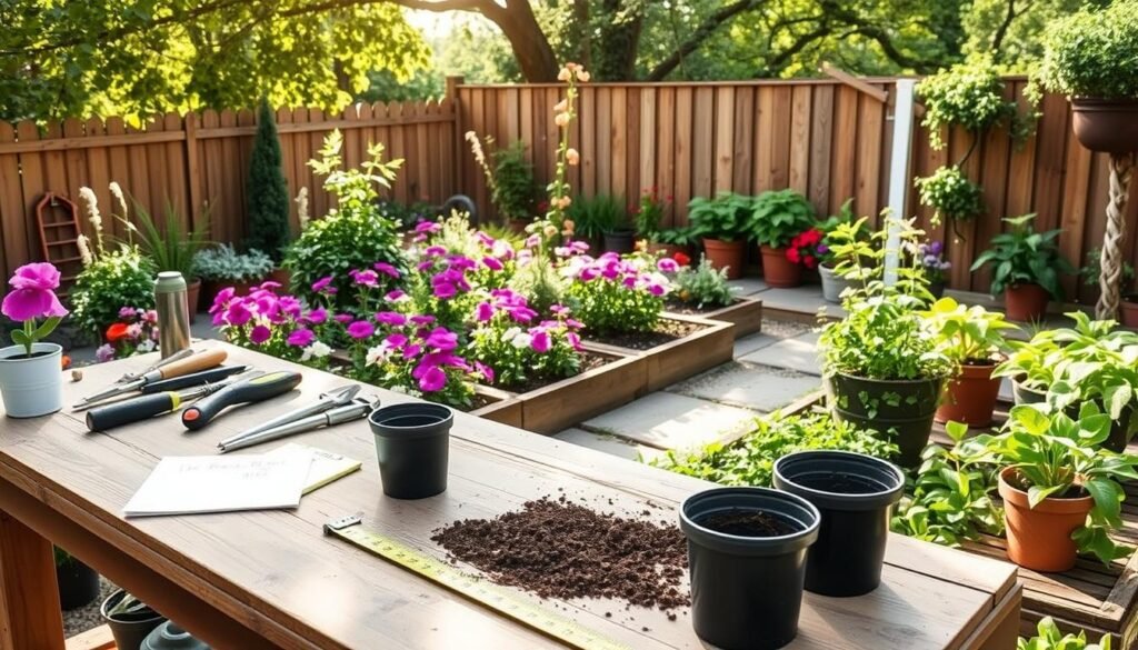 A serene garden space showcasing a detailed area measurement setup for a potting bench. In the foreground, a well-organized workbench featuring tools, potting soil, and flower pots, with a tape measure and a notepad highlighting dimensions. In the middle, beautiful garden beds bursting with vibrant flowers and lush greenery, complementing the workspace. The background features a charming wooden fence and potted herbs, illustrating a functional garden layout. The scene is bathed in bright, natural light with soft sunlight filtering through tree leaves, creating a warm, inviting atmosphere. The angle is slightly elevated, providing a comprehensive view of the garden dimensions, conveying a sense of organization and planning for a DIY potting bench. A serene garden space showcasing a detailed area measurement setup for a potting bench. In the foreground, a well-organized workbench featuring tools, potting soil, and flower pots, with a tape measure and a notepad highlighting dimensions. In the middle, beautiful garden beds bursting with vibrant flowers and lush greenery, complementing the workspace. The background features a charming wooden fence and potted herbs, illustrating a functional garden layout. The scene is bathed in bright, natural light with soft sunlight filtering through tree leaves, creating a warm, inviting atmosphere. The angle is slightly elevated, providing a comprehensive view of the garden dimensions, conveying a sense of organization and planning for a DIY potting bench.