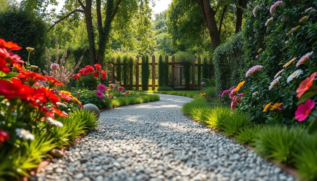 A serene garden walkway featuring a winding gravel path surrounded by vibrant flowers and lush greenery. In the foreground, smooth gravel stones create a defined pathway, flanked by neatly arranged flower beds with colorful blooms. The middle ground showcases a gently meandering path, lined with small decorative stones and soft, green grass. In the background, a quaint wooden fence adds charm, partially covered by climbing vines. The scene is illuminated by bright, natural sunlight filtering through tree leaves, casting soft shadows on the walkway. The atmosphere is peaceful and inviting, ideal for a cozy garden retreat. The perspective is eye-level, capturing the inviting nature of the path, emphasizing its importance in connecting spaces within a garden. A serene garden walkway featuring a winding gravel path surrounded by vibrant flowers and lush greenery. In the foreground, smooth gravel stones create a defined pathway, flanked by neatly arranged flower beds with colorful blooms. The middle ground showcases a gently meandering path, lined with small decorative stones and soft, green grass. In the background, a quaint wooden fence adds charm, partially covered by climbing vines. The scene is illuminated by bright, natural sunlight filtering through tree leaves, casting soft shadows on the walkway. The atmosphere is peaceful and inviting, ideal for a cozy garden retreat. The perspective is eye-level, capturing the inviting nature of the path, emphasizing its importance in connecting spaces within a garden.
