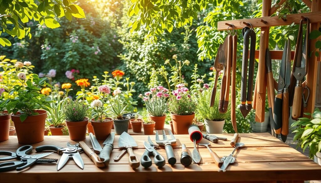 A serene garden workspace featuring an organized garden tool maintenance scene. In the foreground, a wooden workbench displays various garden tools like shears, pruning knives, and trowels, all being cleaned and polished. The middle ground includes a vibrant array of potted plants and a tidy wooden tool rack, showcasing well-maintained tools neatly hung. The background reveals a lush, green garden with blooming flowers under bright, natural sunlight filtering through leaves, creating an airy atmosphere. The composition is captured from a slightly elevated angle for a comprehensive view, emphasizing the harmonious blend of organization and nature. The overall mood is calm and productive, inspiring a sense of care and attention to detail in garden tool maintenance.
