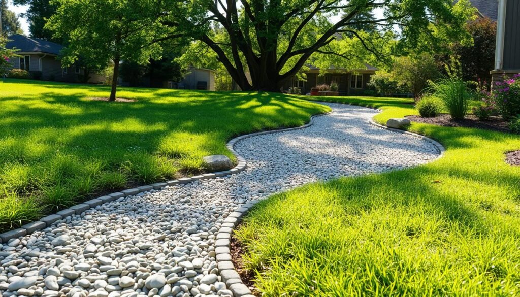 A serene gravel garden path winding through a landscaped yard, showcasing effective drainage solutions. In the foreground, smooth, well-placed pebbles form a structured path, bordered by lush green grass and low-growing flowering plants. The middle ground features a slight slope, illustrating effective water runoff, with a small dry creek bed nearby filled with larger stones to guide excess water. In the background, a cluster of trees casts dappled sunlight, creating a warm, inviting atmosphere. The scene is captured in bright, natural light, with soft sunlight filtering through leaves, enhancing the textures of the gravel and plants. Use a wide-angle lens for depth, focusing on the intricate details of the path and the natural elements surrounding it. A serene gravel garden path winding through a landscaped yard, showcasing effective drainage solutions. In the foreground, smooth, well-placed pebbles form a structured path, bordered by lush green grass and low-growing flowering plants. The middle ground features a slight slope, illustrating effective water runoff, with a small dry creek bed nearby filled with larger stones to guide excess water. In the background, a cluster of trees casts dappled sunlight, creating a warm, inviting atmosphere. The scene is captured in bright, natural light, with soft sunlight filtering through leaves, enhancing the textures of the gravel and plants. Use a wide-angle lens for depth, focusing on the intricate details of the path and the natural elements surrounding it.