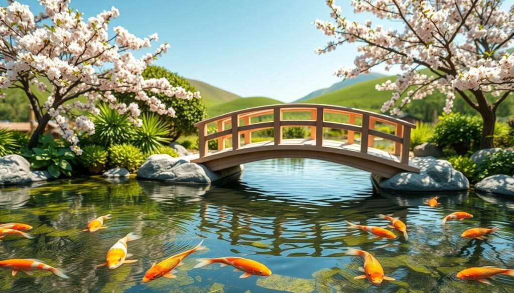 A serene mini Japanese garden bridge gracefully arches over a tranquil pond, surrounded by lush green foliage and blooming cherry blossom trees. In the foreground, delicate koi fish can be seen swimming beneath the clear water, creating ripples that reflect the soft sunlight. The middle layer features the intricately designed wooden bridge, with its elegant curves and soft hues that blend harmoniously with the natural surroundings. In the background, gentle hills and additional greenery enhance the scene, creating a peaceful atmosphere. The entire composition is bathed in bright, natural light, capturing the beauty of a calm, airy day. The image should evoke a sense of tranquility and inspire thoughts of DIY landscaping ideas.