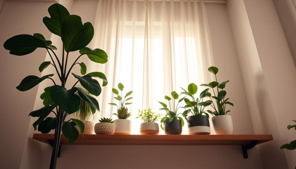 A serene, minimalist interior featuring a wooden shelf displaying a curated selection of elegant houseplants. In the foreground, a tall, leafy fiddle leaf fig plant thrives beside a small, round succulent in a textured pot. The middle ground showcases the shelf, adorned with various green plants in sleek, modern pots, emphasizing balanced spacing and weight distribution. The background highlights a softly lit window draped with sheer curtains, allowing warm, diffused sunlight to fill the room, enhancing the peaceful atmosphere. The overall mood is fresh, airy, and inviting, ideal for modern interiors. Camera angle captures a slight downward perspective, emphasizing the beauty of the plant arrangement and the subtle details of the room's decor.