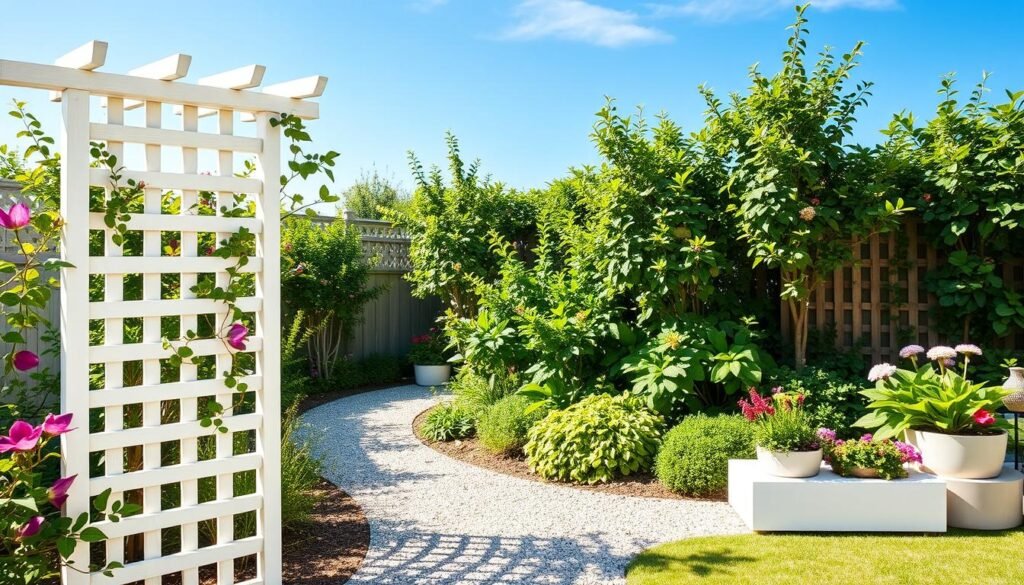 A serene, modern garden setting showcasing minimalist trellis ideas for small backyards. In the foreground, a sleek wooden trellis painted in a soft white hue, adorned with vibrant climbing plants like clematis and jasmine. The middle ground features a cozy gravel path winding through lush green foliage, accented by stylish planters with colorful flowers. In the background, a clear blue sky filters soft sunlight, casting gentle shadows. The atmosphere feels fresh and inviting, emphasizing the beauty of simple, functional design. Capture this scene from a slightly elevated angle to provide a comprehensive view, ensuring bright natural light highlights the textures of the wood and greenery, creating an airy and well-lit ambiance.