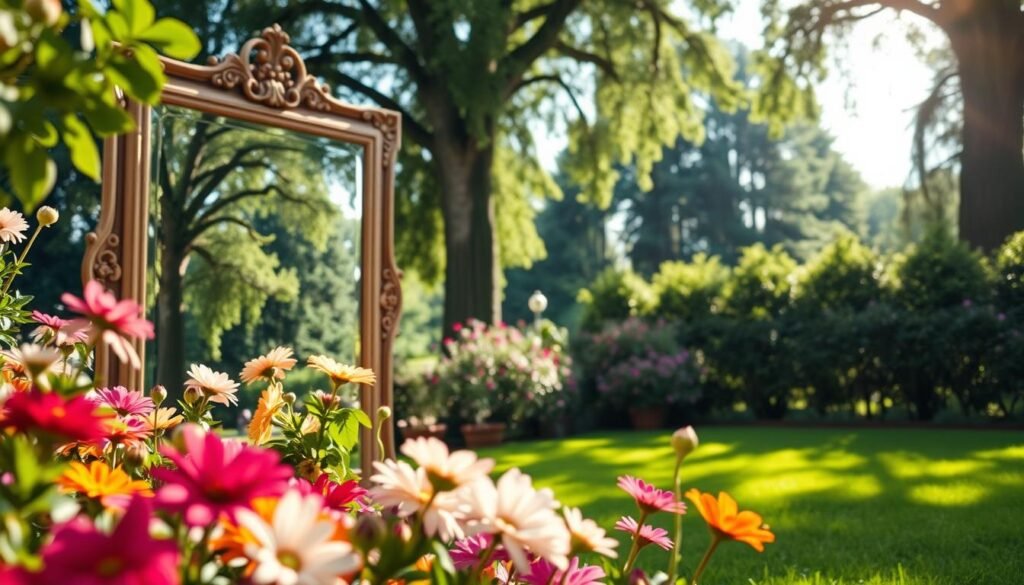 A serene outdoor garden scene featuring elegantly framed mirrors that create an illusion of expanded space. In the foreground, vibrant flowers in full bloom surround the mirrors, reflecting colorful petals and greenery. The middle ground showcases the beautifully crafted mirror frames, made from natural wood, with intricate details that enhance their charm. In the background, a lush green lawn and tall trees create a tranquil atmosphere, illuminated by soft, natural sunlight filtering through the leaves. The angle captures the depth and reflective quality of the mirrors, adding a sense of wonder and spaciousness. The overall mood is bright, airy, and inviting, perfect for showcasing the transformative effect of garden mirrors in outdoor living spaces.