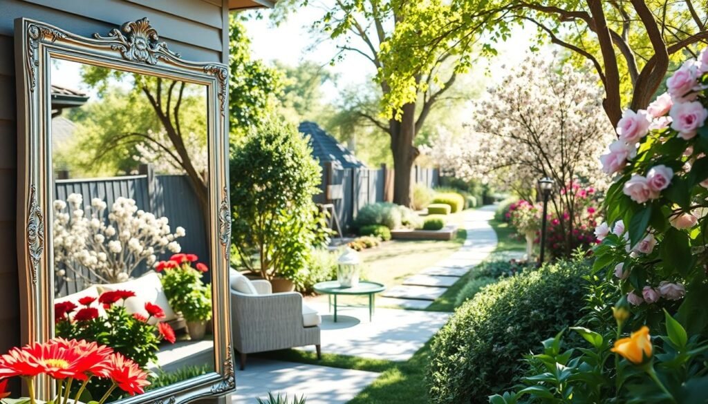 A serene outdoor garden scene featuring various smart mirror placement ideas in a stylish backyard. In the foreground, showcase a large, elegantly framed smart mirror reflecting vibrant flowers and lush greenery. The middle layer includes a cozy seating area with outdoor furniture, encouraging interaction with the mirror. In the background, a gentle, sunlit garden path winds through blooming plants and trees, creating an inviting atmosphere. Use bright natural light with soft sunlight filtering through leaves, giving a warm and airy feel to the scene. Capture the image from a slightly elevated angle, highlighting the strategic mirror placements that enhance space and create an illusion of depth, while maintaining a peaceful and inspiring ambiance throughout the outdoor setting.