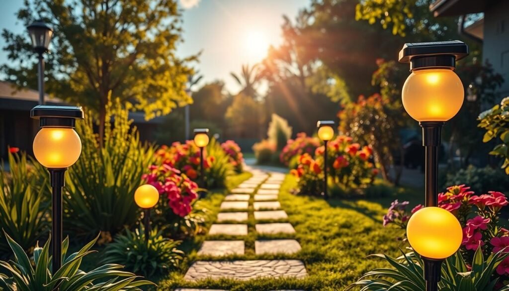 A serene outdoor garden scene showcasing several elegant solar post lights illuminating a cozy pathway. In the foreground, the post lights have sleek, contemporary designs with warm, soft glow emanating from their frosted glass orbs, casting gentle illumination on the surrounding ground. In the middle background, vibrant green plants and colorful blooming flowers add life and contrast to the scene, while a textured stone pathway leads the viewer's eye deeper into the garden. The background features a clear blue sky with soft, golden sunlight filtering through trees, creating an idyllic atmosphere. The entire scene is bathed in natural light, emphasizing the eco-friendly and inviting essence of the garden. Use a wide-angle perspective to capture the expansive beauty of the outdoor space. A serene outdoor garden scene showcasing several elegant solar post lights illuminating a cozy pathway. In the foreground, the post lights have sleek, contemporary designs with warm, soft glow emanating from their frosted glass orbs, casting gentle illumination on the surrounding ground. In the middle background, vibrant green plants and colorful blooming flowers add life and contrast to the scene, while a textured stone pathway leads the viewer's eye deeper into the garden. The background features a clear blue sky with soft, golden sunlight filtering through trees, creating an idyllic atmosphere. The entire scene is bathed in natural light, emphasizing the eco-friendly and inviting essence of the garden. Use a wide-angle perspective to capture the expansive beauty of the outdoor space.