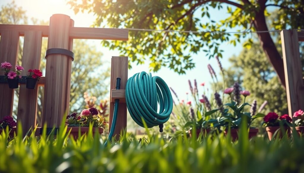 A serene outdoor scene featuring a beautifully organized garden hose holder integrated into a rustic wooden fence. In the foreground, vibrant green grass frames the setup, adorned with pots of colorful flowers. The middle layer showcases the neatly coiled garden hose, elegantly displayed on a sturdy, handcrafted hose holder made from natural wood, highlighting the craftsmanship and functionality. In the background, a sun-drenched garden reveals blooming plants and a clear blue sky, with soft sunlight filtering through tree leaves, casting gentle shadows. The atmosphere is bright and inviting, evoking a sense of calm and outdoor relaxation, ideal for DIY enthusiasts. The shot captures intricate details of the hose and holder from a slightly elevated angle, emphasizing practicality and aesthetics in garden organization.