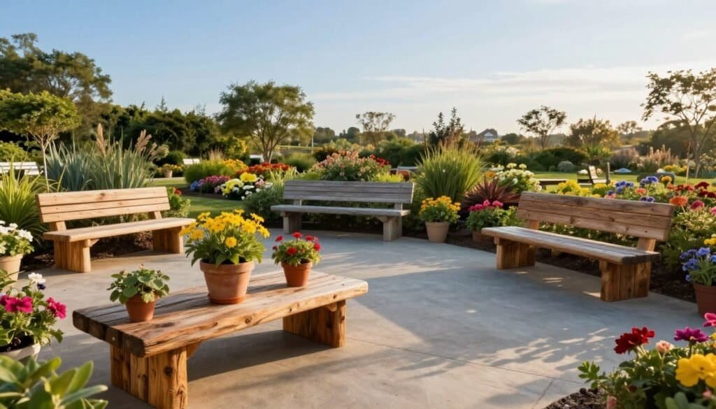 A serene outdoor scene featuring a collection of creative DIY wooden benches designed for various garden styles. In the foreground, showcase a rustic style bench crafted from reclaimed wood, adorned with vibrant potted flowers. Transitioning to the middle ground, display a contemporary bench with clean lines, surrounded by lush greenery and colorful blooming plants. In the background, include a landscaped garden with blooming flower beds and a clear blue sky, softened by the golden glow of afternoon sunlight. Capture the mood of tranquility and relaxation, emphasizing the inviting nature of the space. Use a wide-angle lens to provide depth, ensuring the area feels spacious and airy, with bright, natural light highlighting the details of the wooden benches. The overall atmosphere should evoke a sense of peaceful outdoor living.