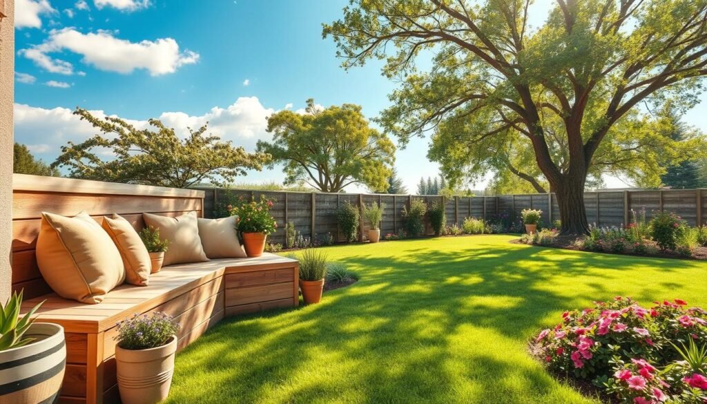 A serene outdoor scene featuring cozy corner seating made from natural wood, adorned with soft, plush cushions in light earth tones. The foreground includes a rustic wooden bench seamlessly integrated into the garden landscape, accented by potted plants and small flower arrangements enhancing the warmth. In the middle ground, the seating area is surrounded by a lush green lawn and vibrant flowerbeds, inviting relaxation. The background showcases a clear blue sky with gentle clouds and several trees providing dappled sunlight, creating a calm and inviting atmosphere. Capture this image with bright natural light streaming in, emphasizing the soft textures and peaceful garden vibe, using a slightly elevated angle for a comprehensive view. The mood should convey tranquility and comfort, perfect for a backyard retreat. A serene outdoor scene featuring cozy corner seating made from natural wood, adorned with soft, plush cushions in light earth tones. The foreground includes a rustic wooden bench seamlessly integrated into the garden landscape, accented by potted plants and small flower arrangements enhancing the warmth. In the middle ground, the seating area is surrounded by a lush green lawn and vibrant flowerbeds, inviting relaxation. The background showcases a clear blue sky with gentle clouds and several trees providing dappled sunlight, creating a calm and inviting atmosphere. Capture this image with bright natural light streaming in, emphasizing the soft textures and peaceful garden vibe, using a slightly elevated angle for a comprehensive view. The mood should convey tranquility and comfort, perfect for a backyard retreat.
