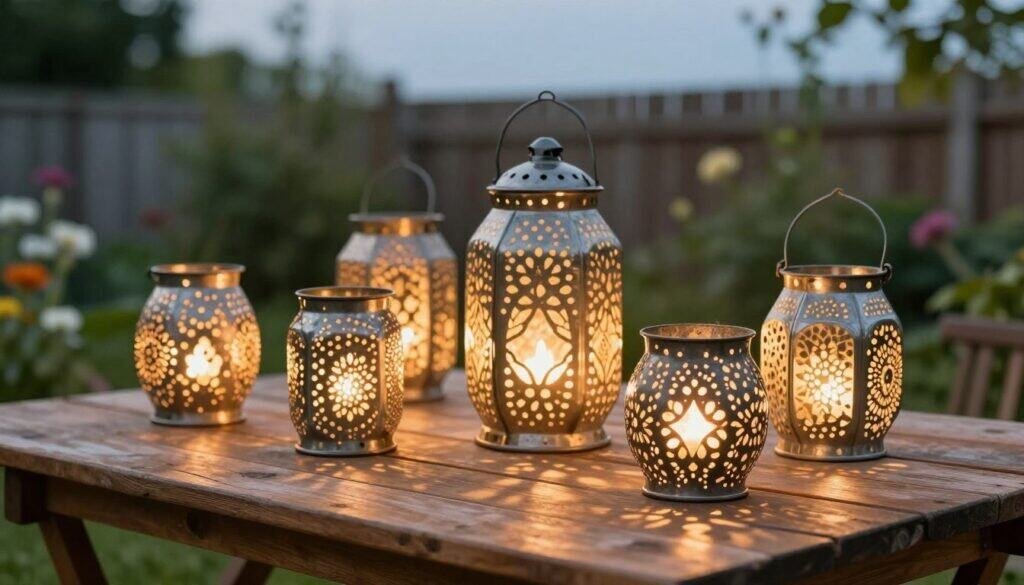 A serene outdoor scene featuring several punched tin can lanterns, arranged on a rustic wooden table. Each lantern is intricately designed with various decorative patterns that create mesmerizing light patterns when lit. The foreground shows the lanterns glowing softly, illuminated by the golden hour sunlight, casting flickering shadows on the surface. In the middle ground, there are hints of a lush green garden, with flowers and foliage framing the composition, enhancing the cozy atmosphere. The background features a blurred fence and soft blue sky, adding depth to the scene. The overall mood is warm and inviting, perfect for a peaceful summer evening. The image should have bright, natural lighting, with a focus on the details of the lanterns, shot from a slightly elevated angle to capture both the lanterns and the surrounding decor.