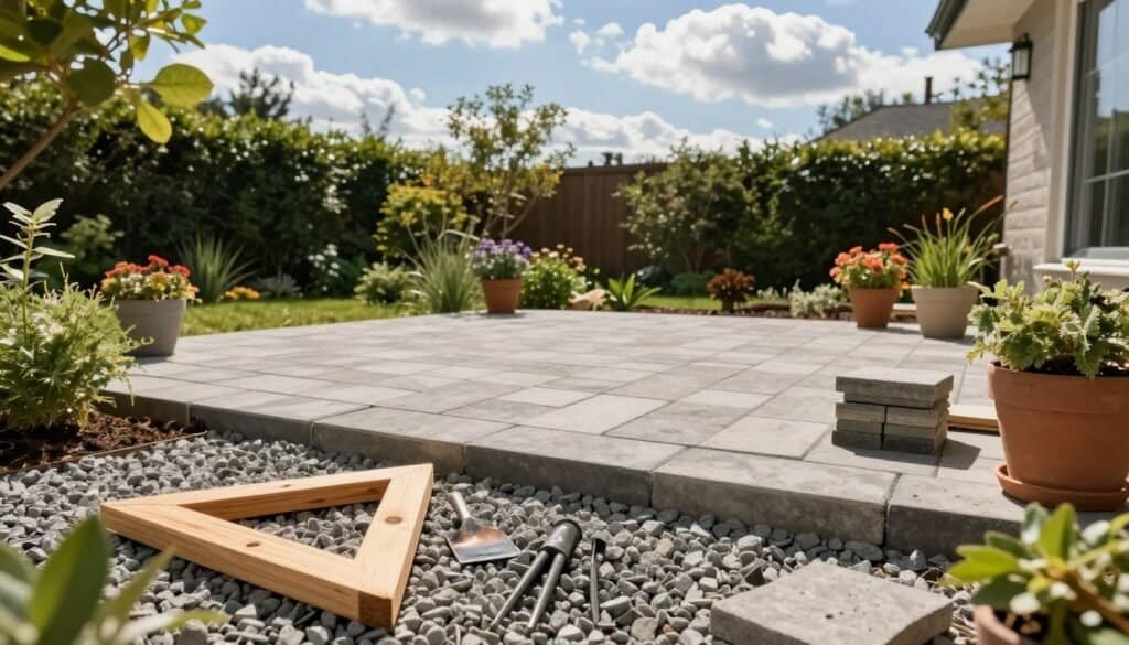 A serene outdoor scene showcasing a beautifully constructed garden patio. In the foreground, tools and materials for patio construction like a wooden square, gravel, and pavers are neatly organized, reflecting a DIY atmosphere. In the middle ground, a partially completed patio with evenly laid stonework is visible, surrounded by lush greenery and colorful potted plants, emphasizing a blend of nature and craftsmanship. In the background, a bright blue sky with soft, fluffy clouds creates an inviting ambiance. The sunlight bathes the scene in warm, natural light, enhancing the textures of the materials. The mood is relaxed and inspiring, making it clear that mastering the basics of patio construction can lead to a perfect retreat.