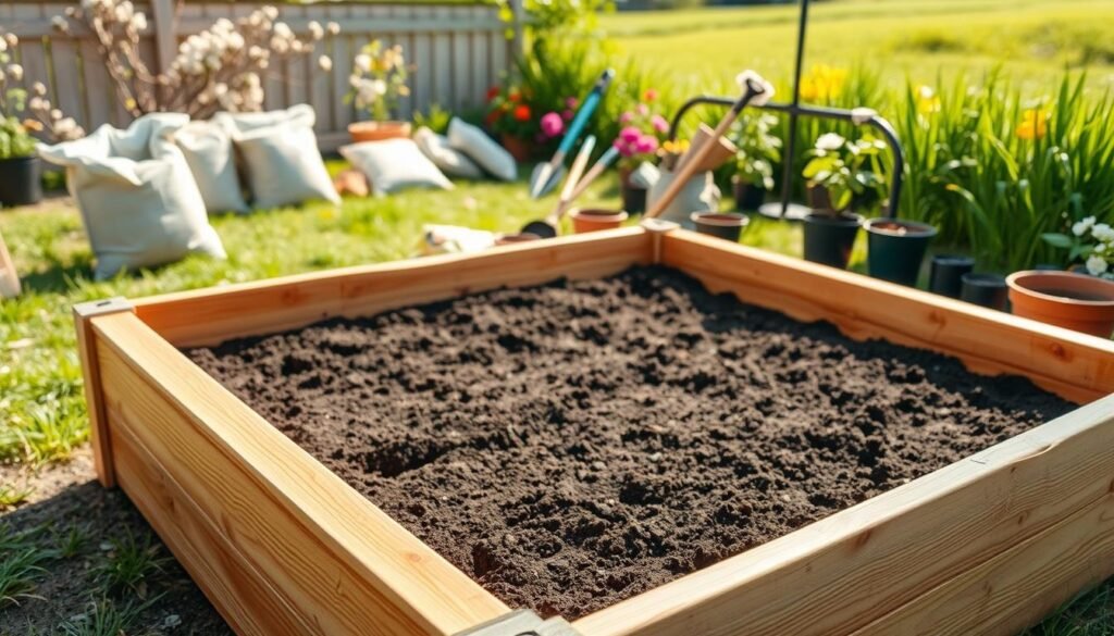 A serene outdoor scene showcasing a well-constructed DIY raised garden bed frame situated in a vibrant backyard. In the foreground, the garden bed frame, made of natural cedar wood, features a rich, warm tone with smooth edges and visible grain patterns. The soil inside is freshly tilled and ready for planting. In the middle ground, a selection of gardening materials like soil bags, gardening tools, and plant pots scattered around, hinting at the preparation process. The background is filled with blossoming flowers and lush green grass under bright, soft sunlight, creating an inviting and cheerful atmosphere. The image should be captured with a wide-angle lens to emphasize the depth, focusing on the textures of the wood and soil, while maintaining a natural, airy feel.