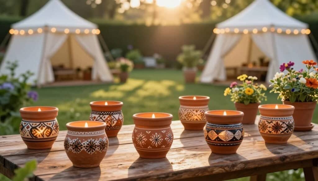 A serene outdoor scene showcasing terracotta pot candle luminaries, beautifully arranged on a rustic wooden table. In the foreground, the warm glow of flickering candles casts gentle shadows inside the textured pots, each uniquely hand-painted with intricate Mediterranean patterns. The middle ground features lush green plants and soft, colorful flowers that enhance the inviting atmosphere. In the background, a sun-drenched garden is framed by soft white tents and twinkling string lights, capturing the essence of a tranquil evening. The lighting is bright yet soft, with golden rays of sunlight filtering through, creating an ethereal effect. The mood is cozy and charming, perfect for a backyard gathering.