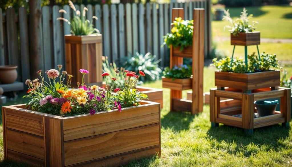 A serene outdoor setting featuring an array of innovative planter box designs made from various types of wood, including cedar, pine, and redwood. In the foreground, a rustic wooden planter box filled with colorful flowers captures the eye, while the middle ground showcases a tall vertical planter box with herbs, and a tiered planter brimming with vibrant greenery. The background is adorned with a lightly blurred garden scene, including a wooden fence and lush lawn. The image is bathed in soft, natural sunlight, casting gentle shadows that enhance the textures of the wood. The atmosphere is peaceful and inviting, suggesting a perfect space for gardening enthusiasts. The angle captures a slightly elevated view, giving depth to the arrangement, without any text or distractions in the frame.