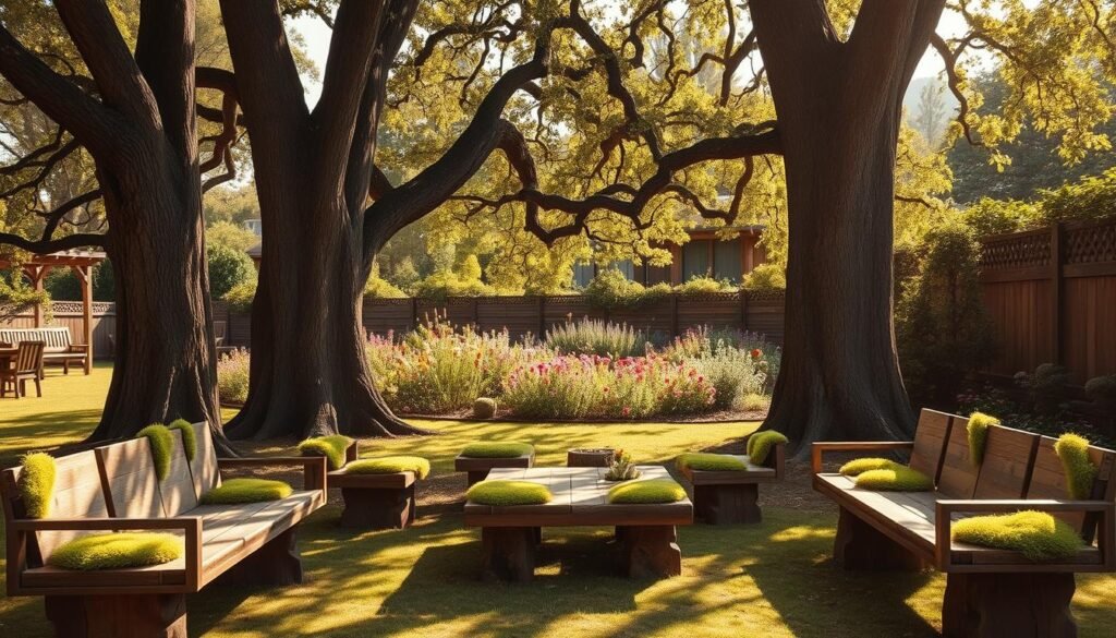 A serene outdoor setting featuring nature-inspired seating arranged around majestic trees. In the foreground, rustic wooden benches made from reclaimed wood, adorned with soft, green moss, invite relaxation. The middle ground showcases tall, leafy trees, their branches creating a lush canopy above, filtered sunlight casting gentle shadows on the ground. In the background, a vibrant garden filled with colorful wildflowers enhances the tranquil atmosphere. The scene is bathed in warm, soft sunlight, creating a sense of calm and serenity. Capture this idyllic setting from a slightly elevated angle to emphasize the natural beauty, highlighting the harmonious blend of furniture and nature, perfect for backyard relaxation. A serene outdoor setting featuring nature-inspired seating arranged around majestic trees. In the foreground, rustic wooden benches made from reclaimed wood, adorned with soft, green moss, invite relaxation. The middle ground showcases tall, leafy trees, their branches creating a lush canopy above, filtered sunlight casting gentle shadows on the ground. In the background, a vibrant garden filled with colorful wildflowers enhances the tranquil atmosphere. The scene is bathed in warm, soft sunlight, creating a sense of calm and serenity. Capture this idyllic setting from a slightly elevated angle to emphasize the natural beauty, highlighting the harmonious blend of furniture and nature, perfect for backyard relaxation.