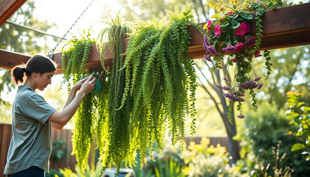 A serene outdoor space showcasing a beautifully crafted DIY hanging plant beam, with lush, green hanging plants cascading elegantly from it. In the foreground, a gardener, dressed in modest casual clothing, gently tends to the plants, checking for growth and watering them. The middle layer features various types of vibrant hanging plants, like cascading ferns and colorful flowers, creating a burst of greenery and color. The background shows a bright, sunlit garden with soft sunlight filtering through trees, casting a warm glow on the scene. The atmosphere feels peaceful and nurturing, conveying a strong sense of care for the plants throughout the changing seasons. The image should capture the essence of tending to plants in a bright, inviting setting, emphasizing nature's beauty.