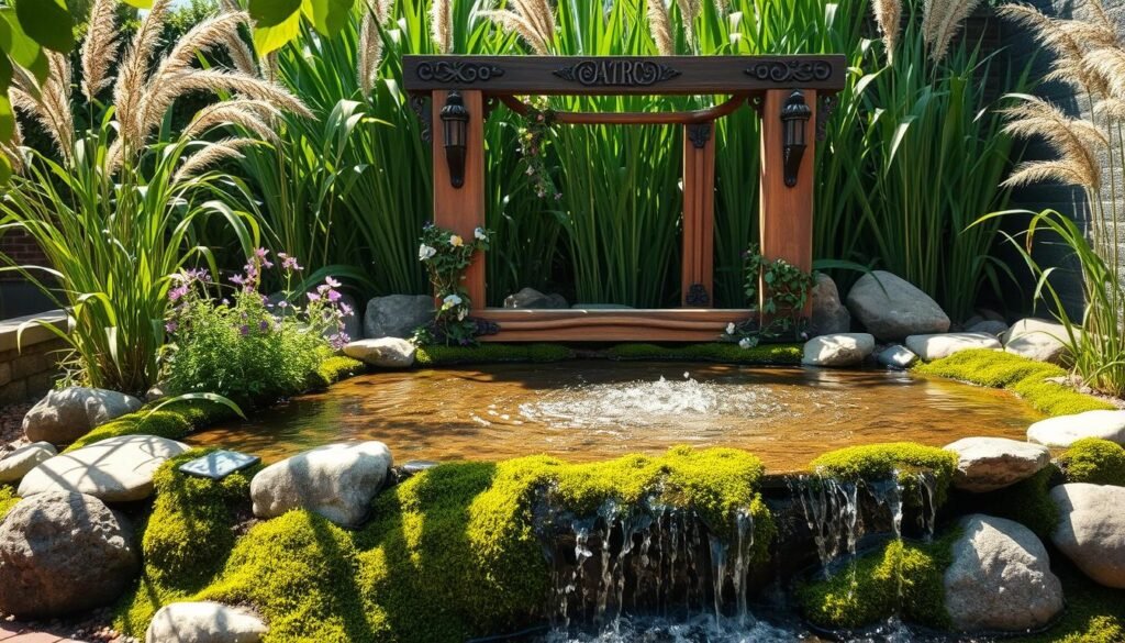 A serene rustic water feature nestled in a small backyard, showcasing an intricately carved wooden frame that holds a gently flowing stream of crystal-clear water. In the foreground, smooth stones and lush green moss create a natural border around the water’s edge. The middle section features the wooden frame with vintage accents, adorned with climbing ivy and colorful wildflowers. In the background, tall grasses sway softly in the gentle breeze under bright natural light, casting soft shadows. The atmosphere is tranquil and inviting, evoking a sense of peace and harmony with nature. The scene is captured from a slightly elevated angle, allowing viewers to appreciate the details and textures. Soft sunlight filters through the leaves, creating a warm and airy ambiance.