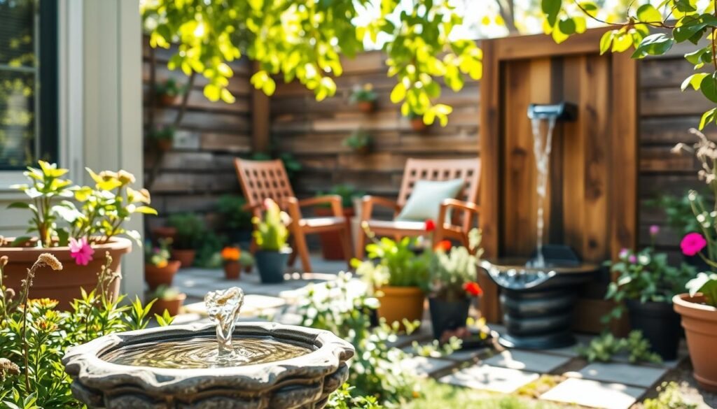 A serene small garden space featuring a variety of water feature options designed for compact areas. In the foreground, a charming tabletop fountain with stone detailing, bubbling gently, surrounded by lush greenery and small flowering plants. In the middle ground, a vertical wall fountain with cascading water, integrated into a rustic wooden frame, creating a focal point amidst potted herbs and colorful blooms. In the background, soft sunlight filters through leafy branches, illuminating a cozy seating area with garden furniture made from reclaimed wood. The atmosphere feels tranquil and inviting, perfect for relaxation with the soothing sound of water. The image captures the essence of a small backyard oasis, highlighting practical and aesthetic water feature ideas in bright, airy lighting.