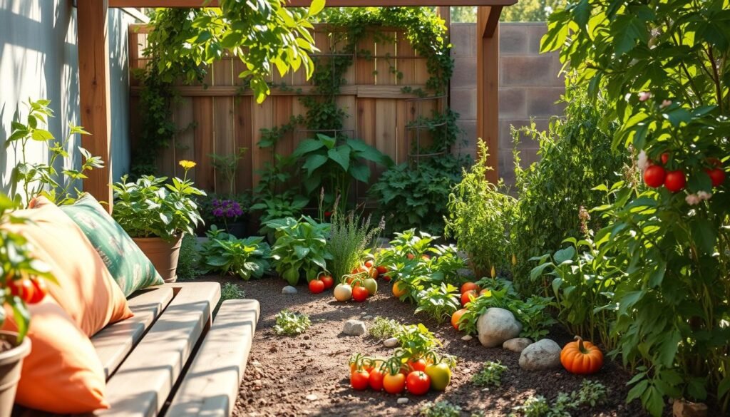 A serene vegetable garden seating area designed for relaxation, featuring a rustic wooden bench surrounded by thriving plants and colorful vegetables. In the foreground, the bench is adorned with soft, colorful cushions, inviting a comfortable spot for sitting. The middle ground reveals a lush garden filled with tomatoes, peppers, and leafy greens, interspersed with decorative stones and flowering herbs, enhancing the cozy atmosphere. In the background, a wooden trellis supports climbing plants, adding depth to the scene. The composition is bathed in bright, natural light with soft sunlight filtering through leaves, creating playful shadows. The mood is tranquil and inviting, perfect for productive relaxation in a DIY garden setting. A serene vegetable garden seating area designed for relaxation, featuring a rustic wooden bench surrounded by thriving plants and colorful vegetables. In the foreground, the bench is adorned with soft, colorful cushions, inviting a comfortable spot for sitting. The middle ground reveals a lush garden filled with tomatoes, peppers, and leafy greens, interspersed with decorative stones and flowering herbs, enhancing the cozy atmosphere. In the background, a wooden trellis supports climbing plants, adding depth to the scene. The composition is bathed in bright, natural light with soft sunlight filtering through leaves, creating playful shadows. The mood is tranquil and inviting, perfect for productive relaxation in a DIY garden setting.