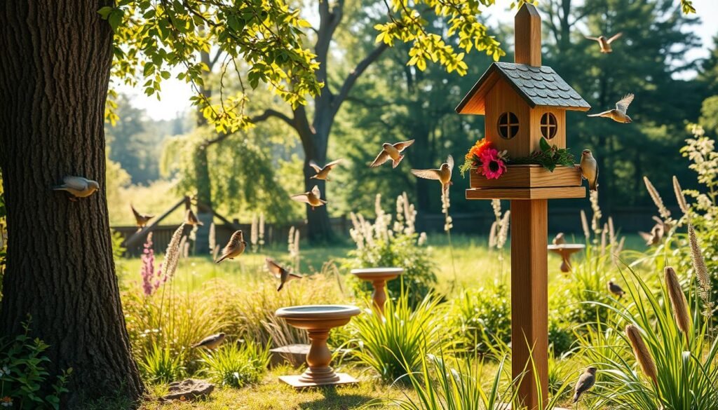 A serene wildlife habitat featuring a charming birdhouse post in a lush garden setting. In the foreground, a beautifully crafted wooden birdhouse perched on a sturdy post, adorned with vibrant flower blooms and climbing vines. The middle ground showcases a lively garden filled with various plants, grasses, and a small birdbath, inviting wildlife to interact. In the background, gently swaying trees and soft sunlight filtering through leaves create a warm, inviting atmosphere. The scene captures fluttering birds, such as finches and sparrows, playfully interacting around the birdhouse. The overall mood is peaceful and harmonious, with bright natural light illuminating the scene, enhancing the beauty of nature and the joyful presence of wildlife.