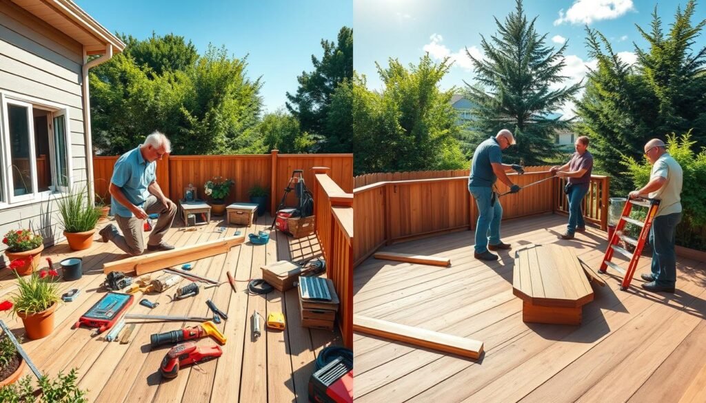 A side-by-side comparison of DIY deck improvement and professional installation, showcasing two distinct backyard settings. In the foreground, on the left, a dedicated homeowner skillfully working on a wooden deck, wearing modest casual clothing, surrounded by tools, materials, and vibrant plants, basking in soft natural sunlight. On the right, a professional contractor in smart work attire, collaborating with a team, meticulously measuring and installing high-quality decking materials. The middle ground features partially completed deck sections contrasting the chaos of DIY tools with the organized precision of professional equipment. In the background, a bright blue sky and lush greenery create an airy atmosphere, emphasizing the potential of each approach to enhance backyard aesthetics. Use a wide-angle lens to capture the vibrancy and details of both scenarios under warm daylight.